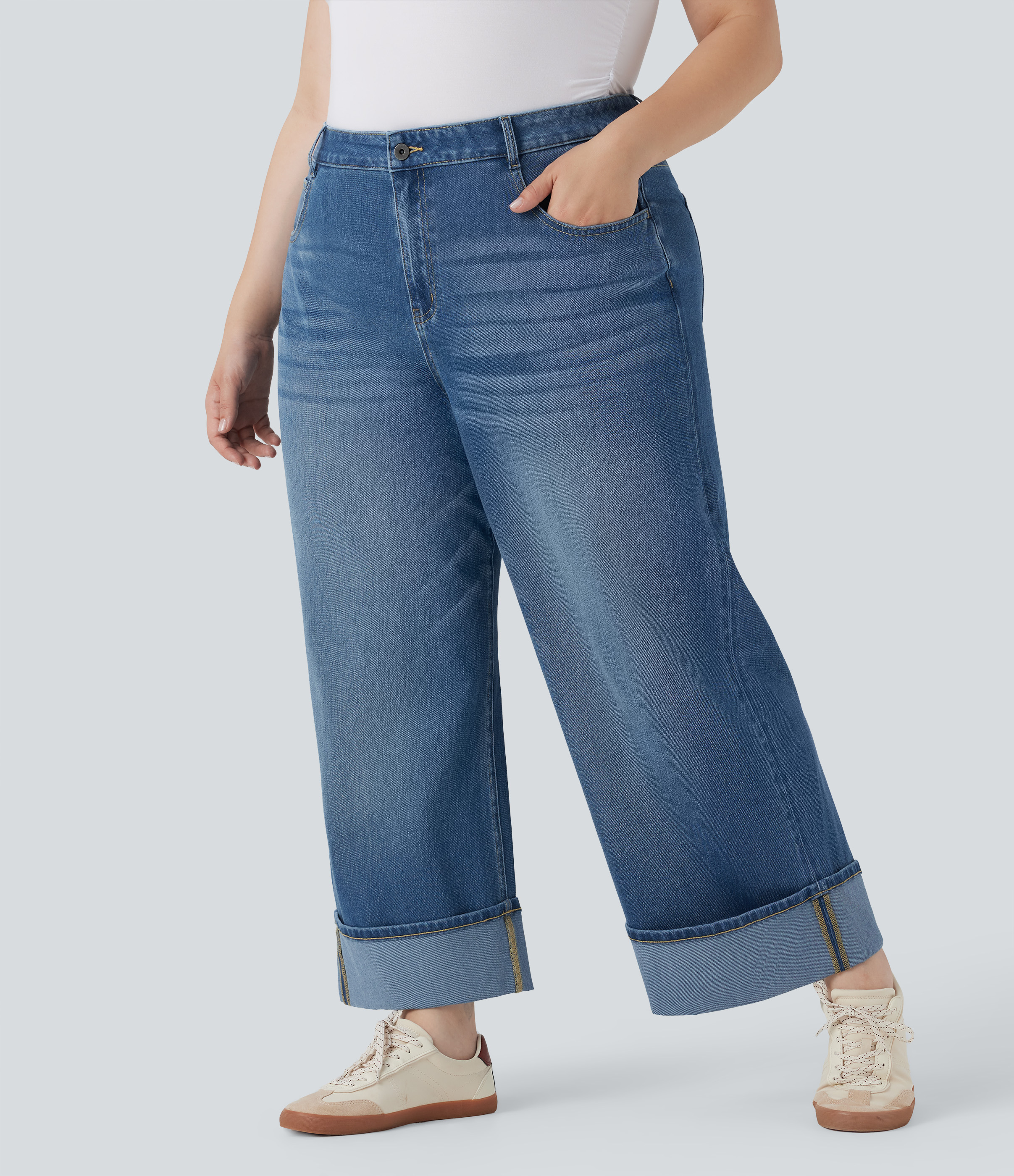 Plus Size Flex™ High Waisted Wide Leg Rolled Hem Washed Stretchy Knit Casual Jeans with Pockets  - Blue Spruce Denim