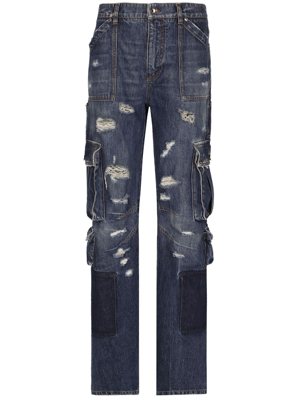 Distressed-finish straigh-leg cargo jeans - Blue