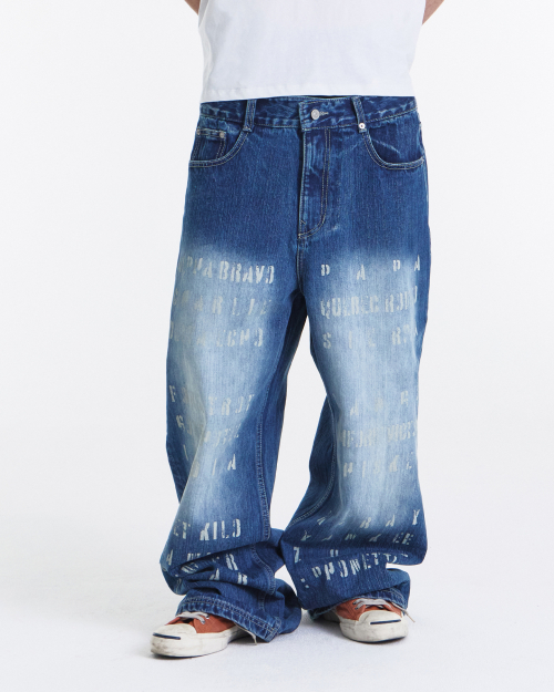 Phonetic Code Printed Wide Denim Pants