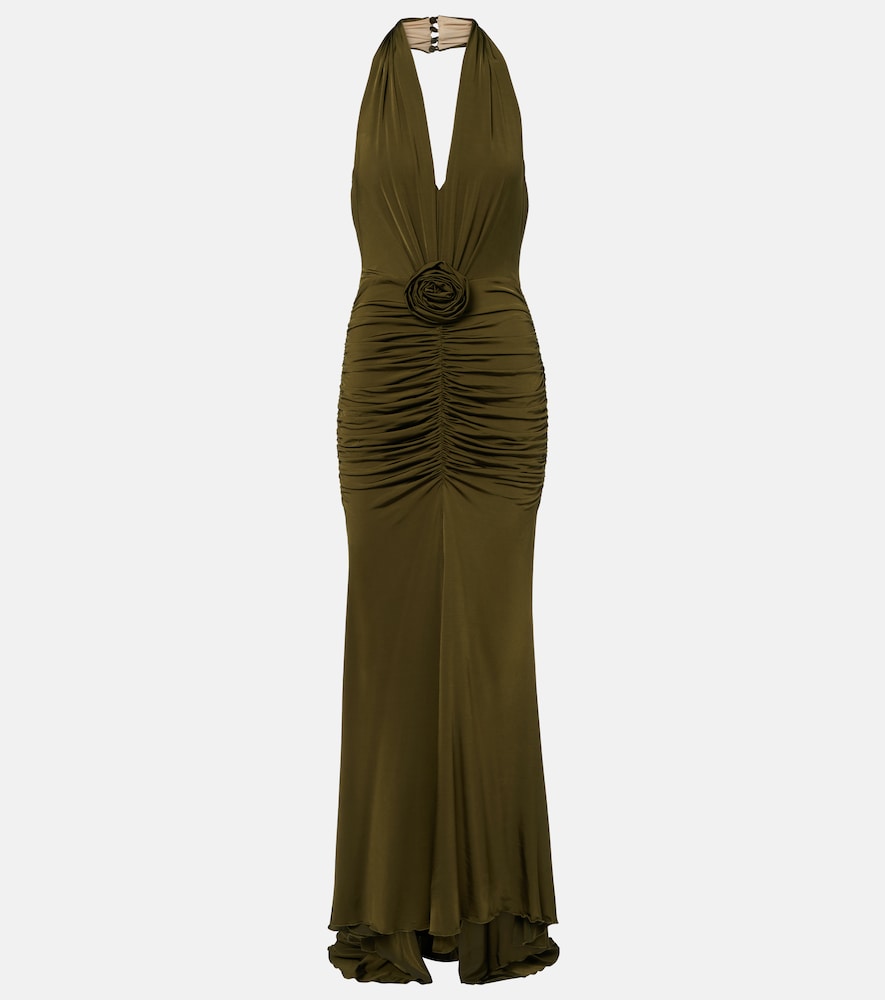 Floral-appliqué ruched maxi dress