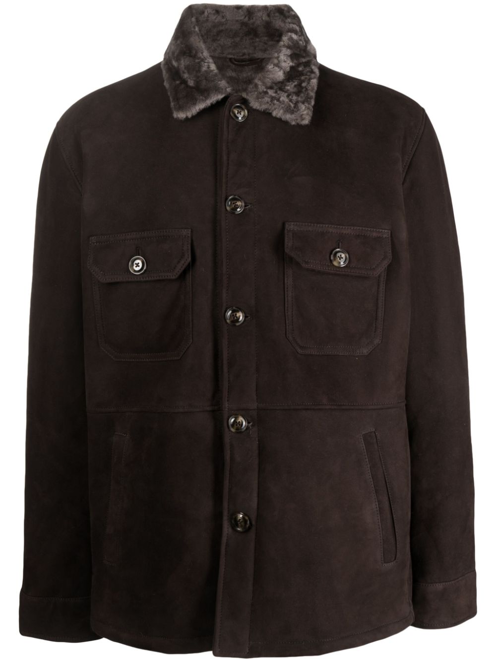 Shearling-collar suede shirt jacket - Brown