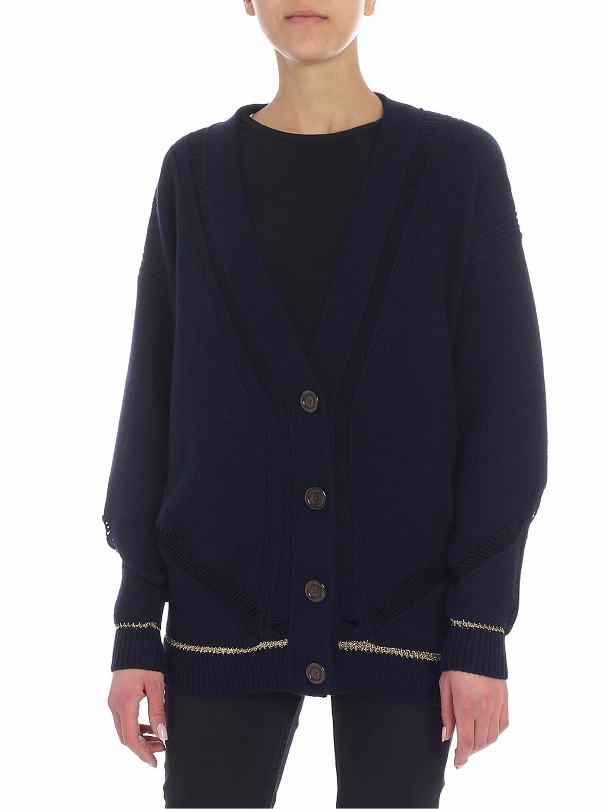 Blue overfit cardigan with golden lamé insert