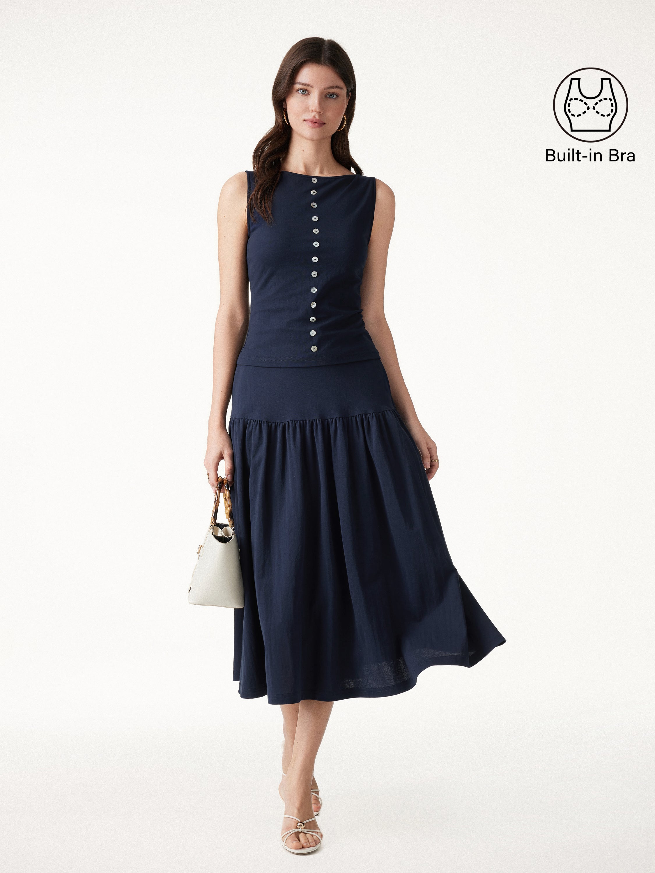 2PCs Set Cropped Bra Top& Midi Skirt with Pockets - Smoky Navy / XS