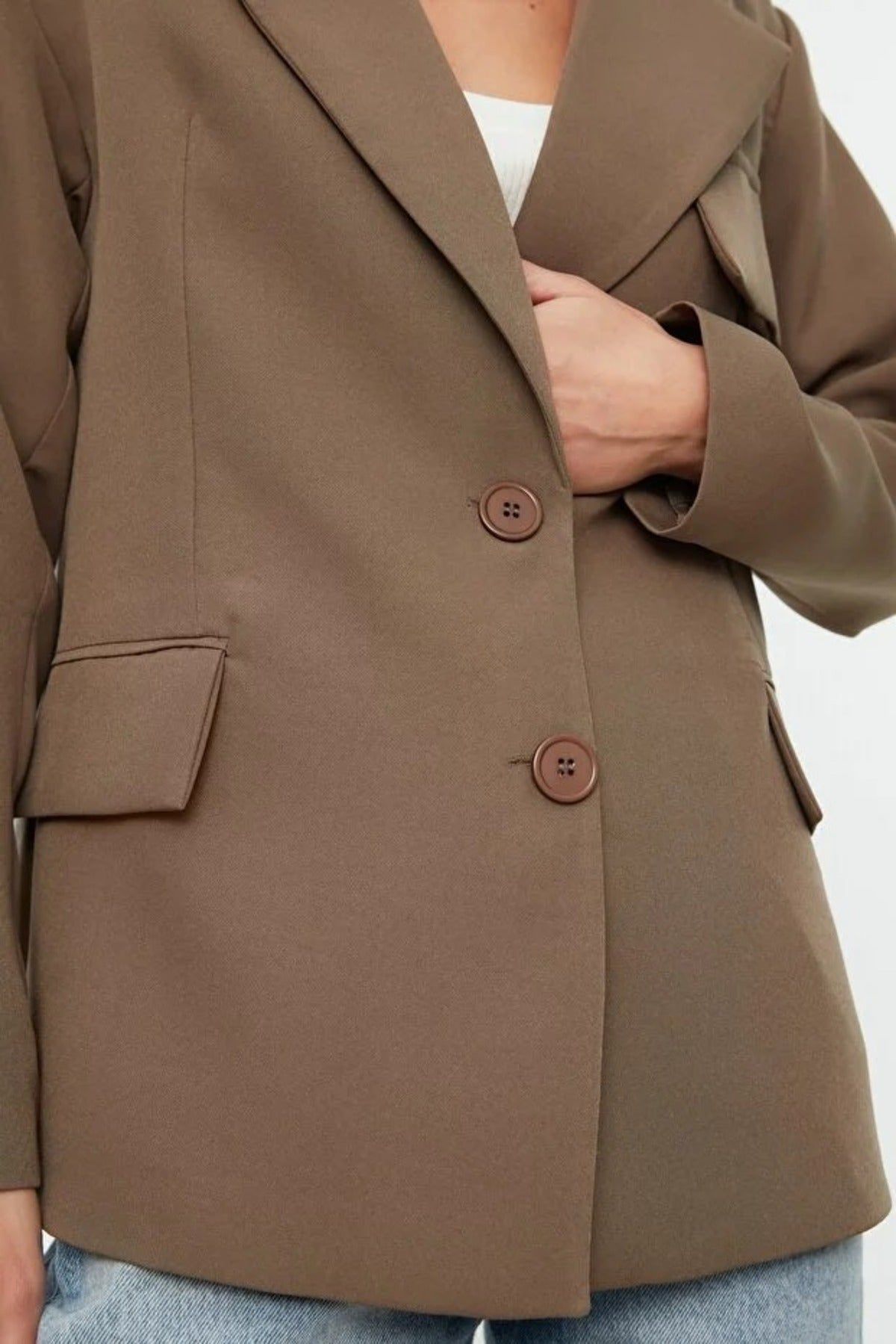 WOVCOR Women's Oversized Tailored Lined Woven Blazer Jacket in Taupe