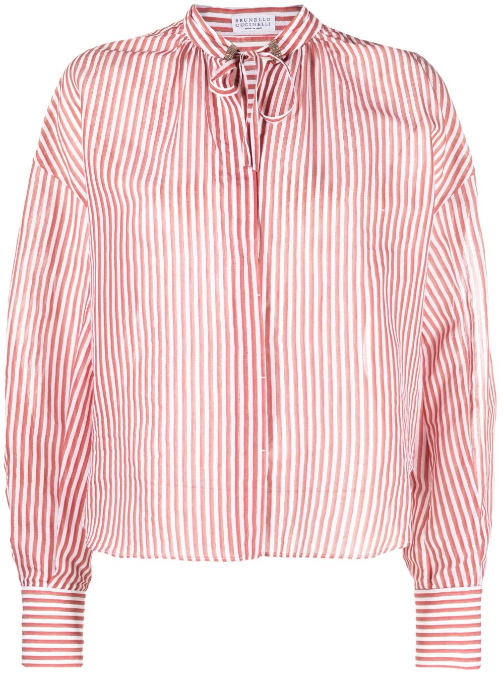 Stand-up collar striped blouse - White