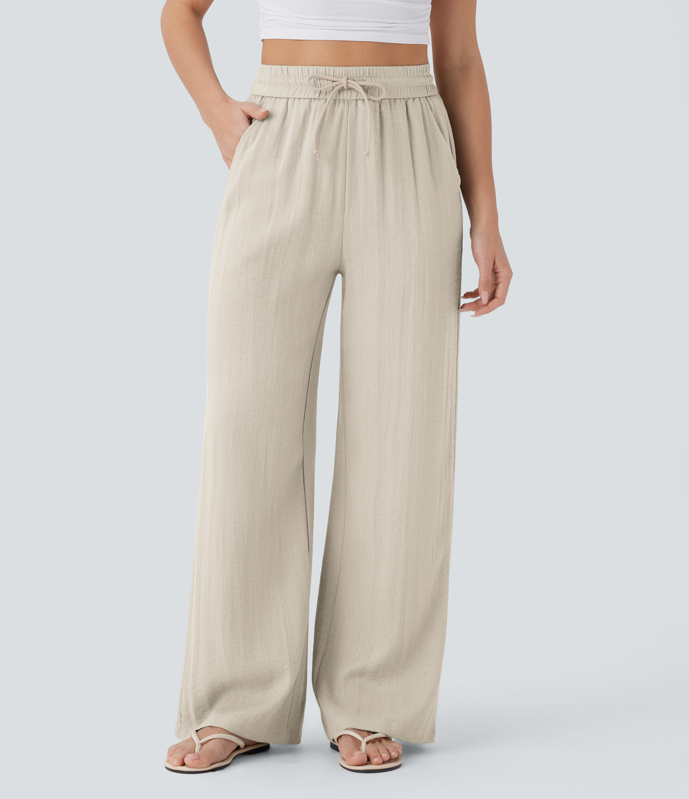 High Waisted Drawstring Pocket Wide Leg Casual Linen-Feel Pants  - Whisper White