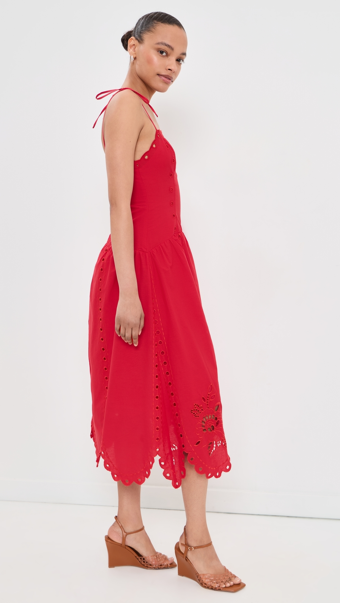 Eyelet Midi Dress Red