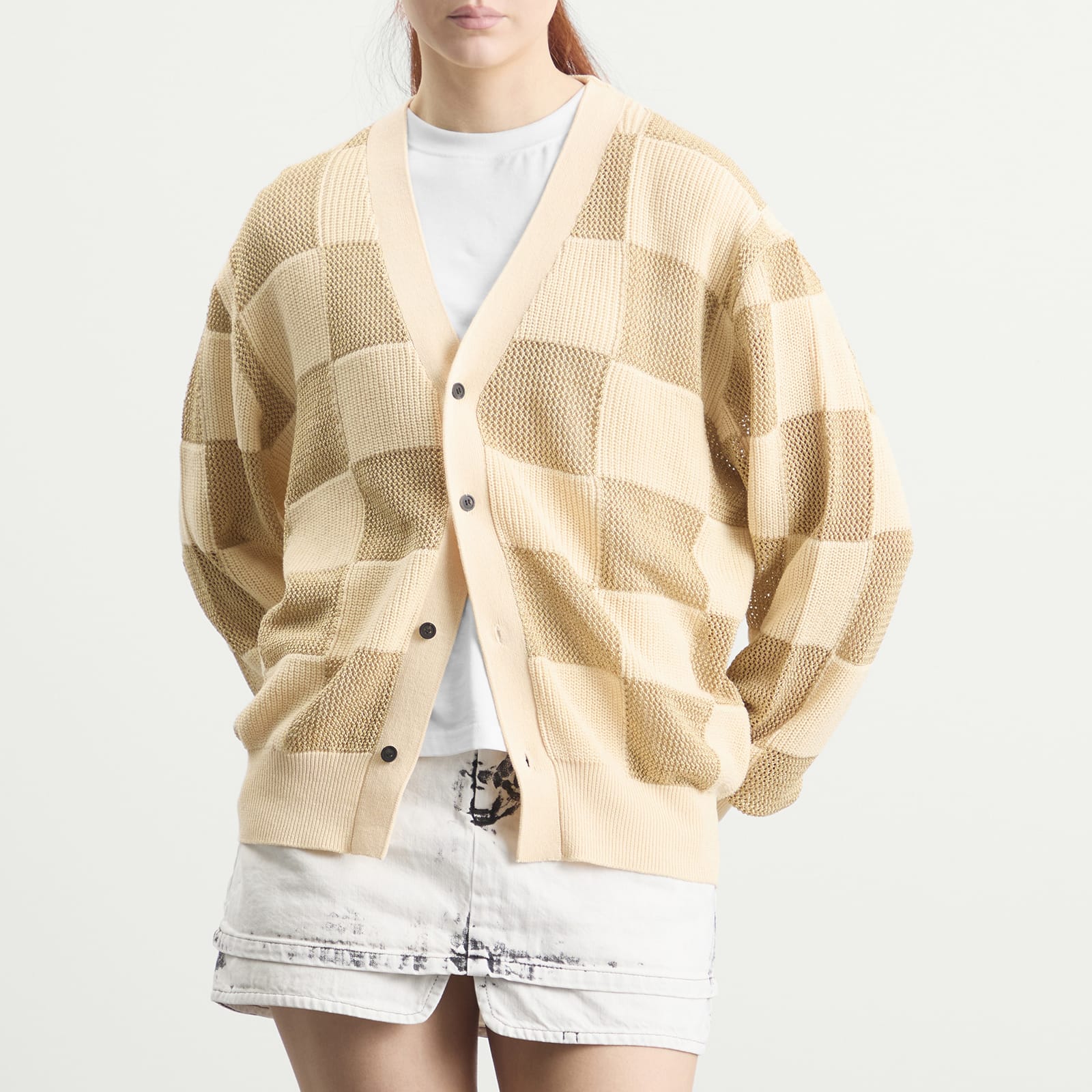 Women's TOGA Checkered Knit Cardigan in Beige