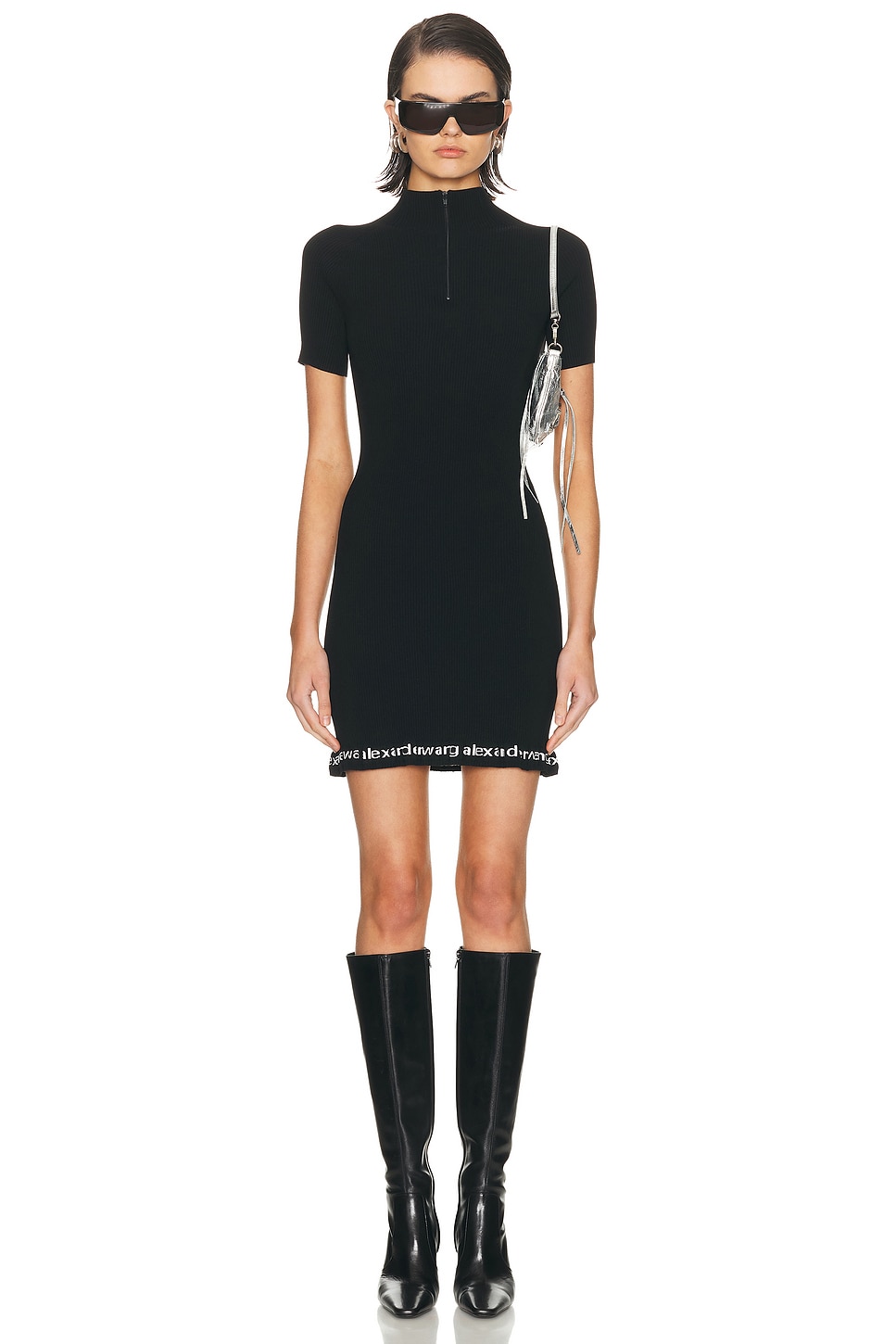 Alexander Wang Ribbed Short Sleeve Logo Dress in Black - Black. S also in