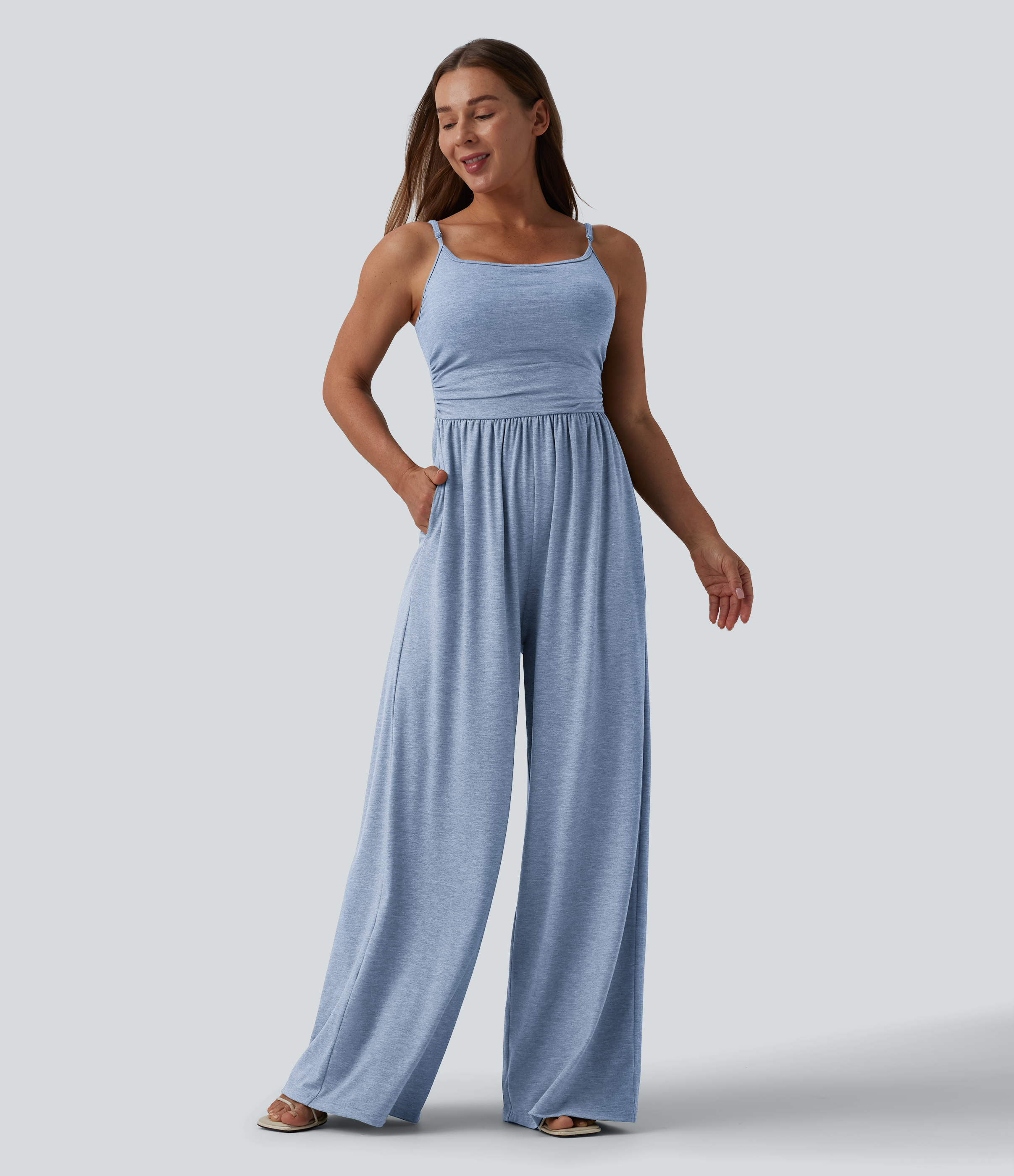 Adjustable Straps Ruched Wide Leg Heathered Casual Jumpsuit with Pockets-Easy Peezy  - Cloudlight Blue