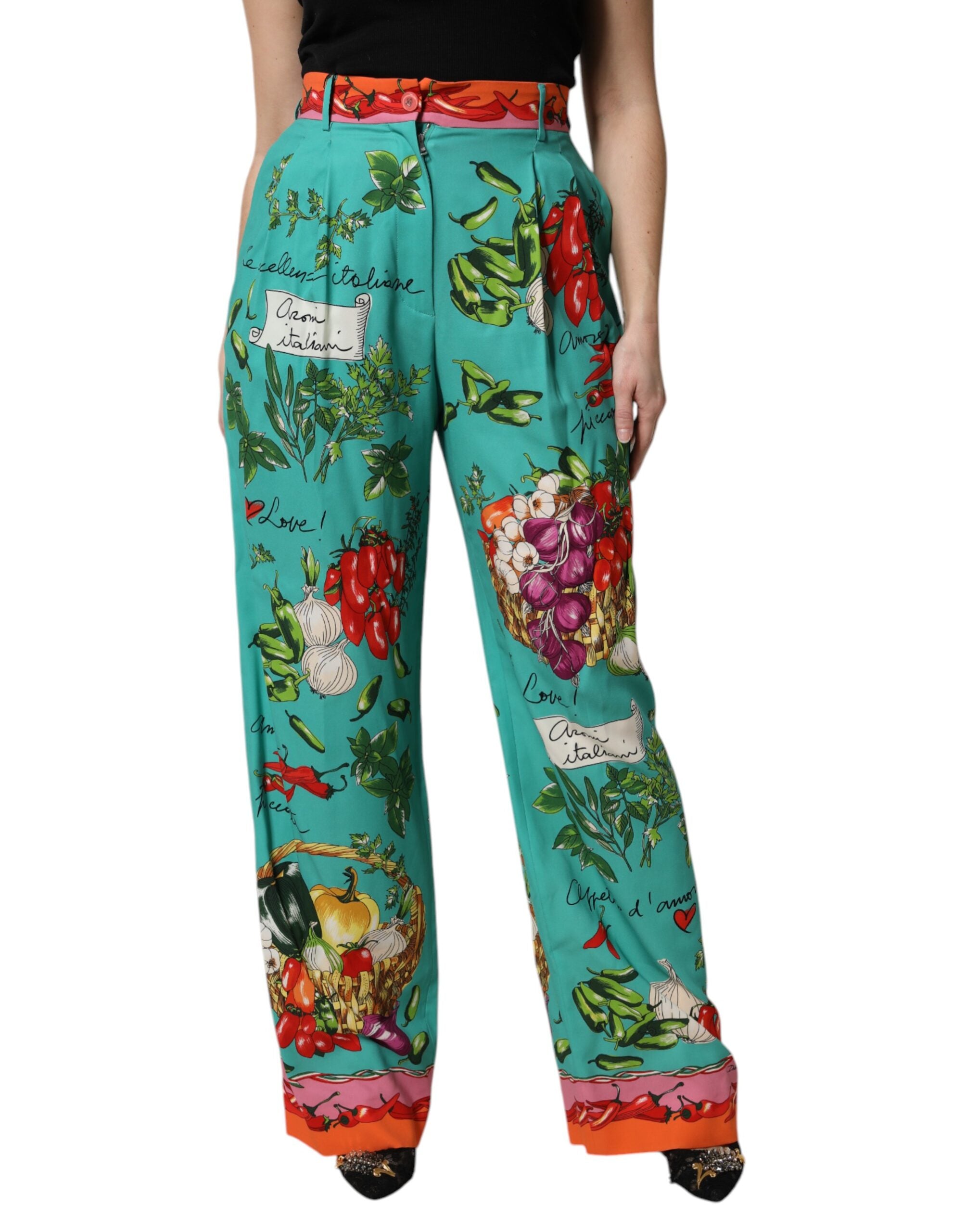 Vegetable-Print Silk Trousers — Green
