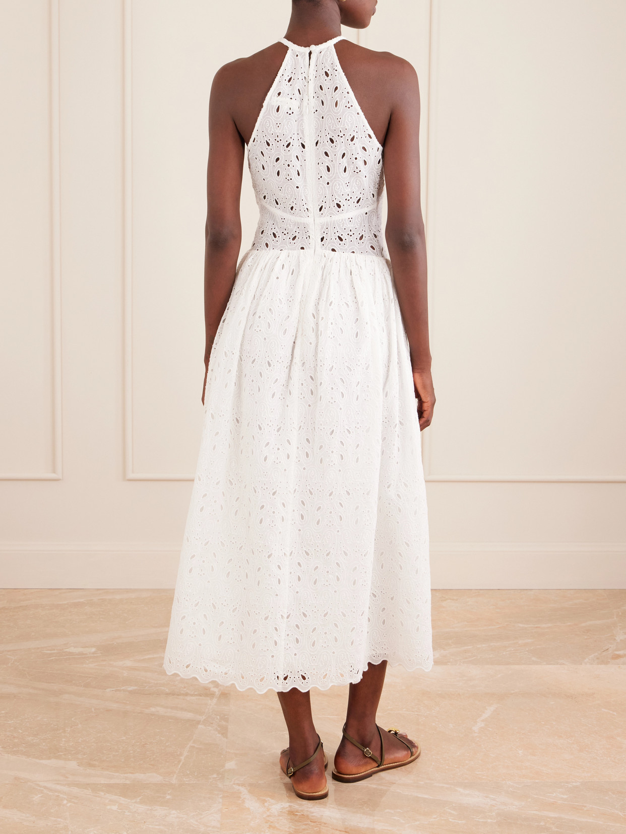 Scalloped Broderie Anglaise Ramie Halterneck Midi Dress - White