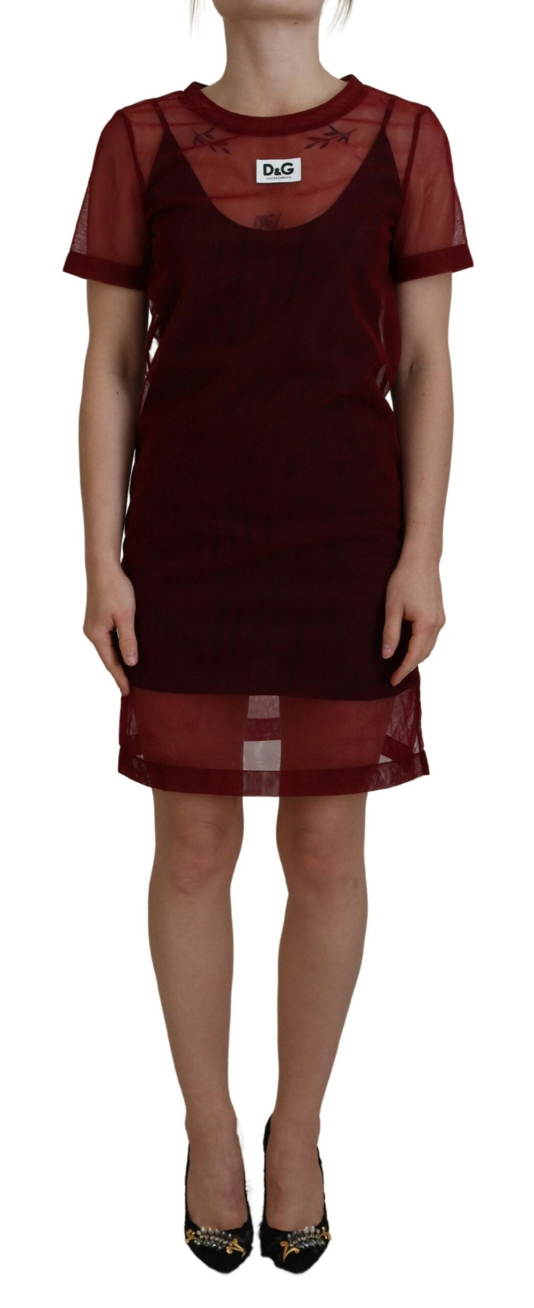 Layered Mesh Shift Dress — Red
