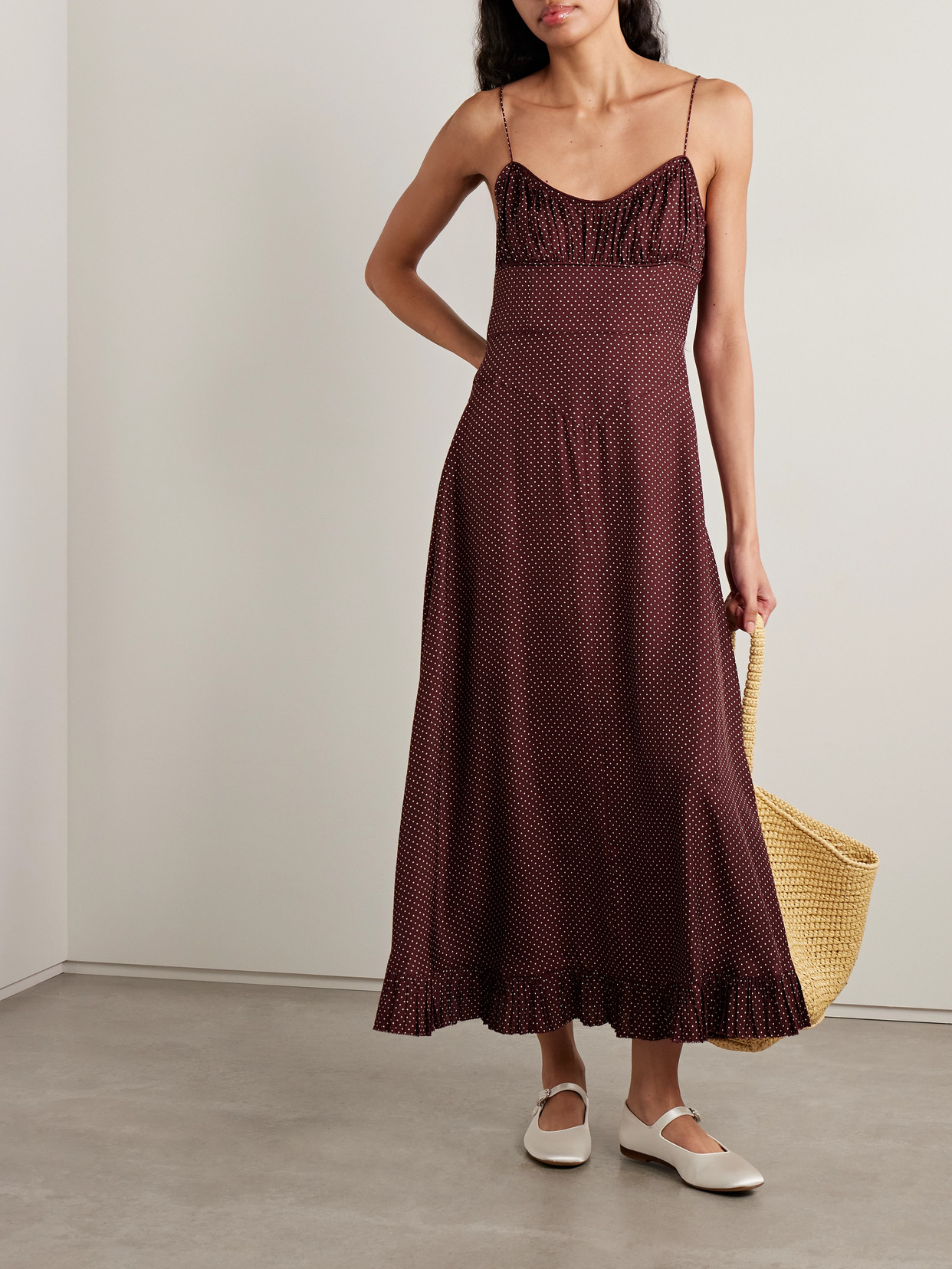 Rosaria Gathered Polka-dot Silk-blend Midi Dress - Burgundy