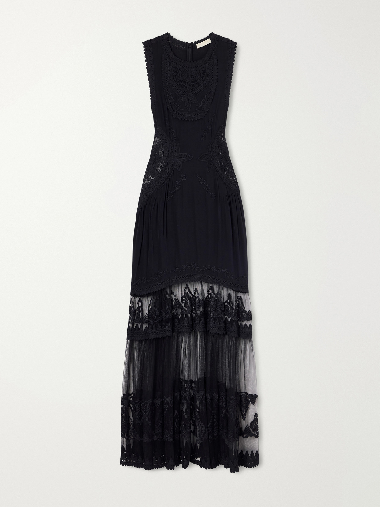 Florence Embroidered Tulle And Silk Crepe De Chine Gown - Black