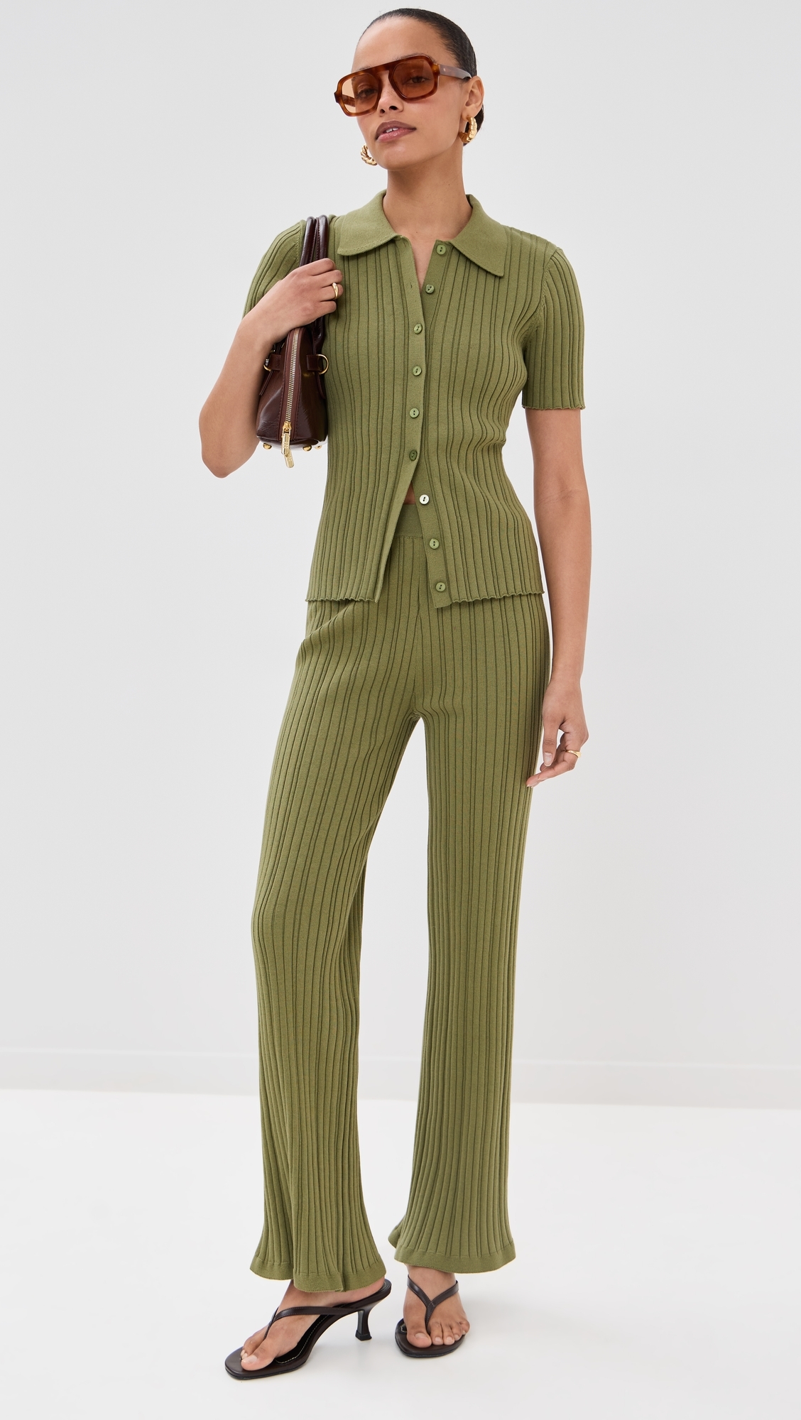 LE BOP Ribbed Flare Pants Olive