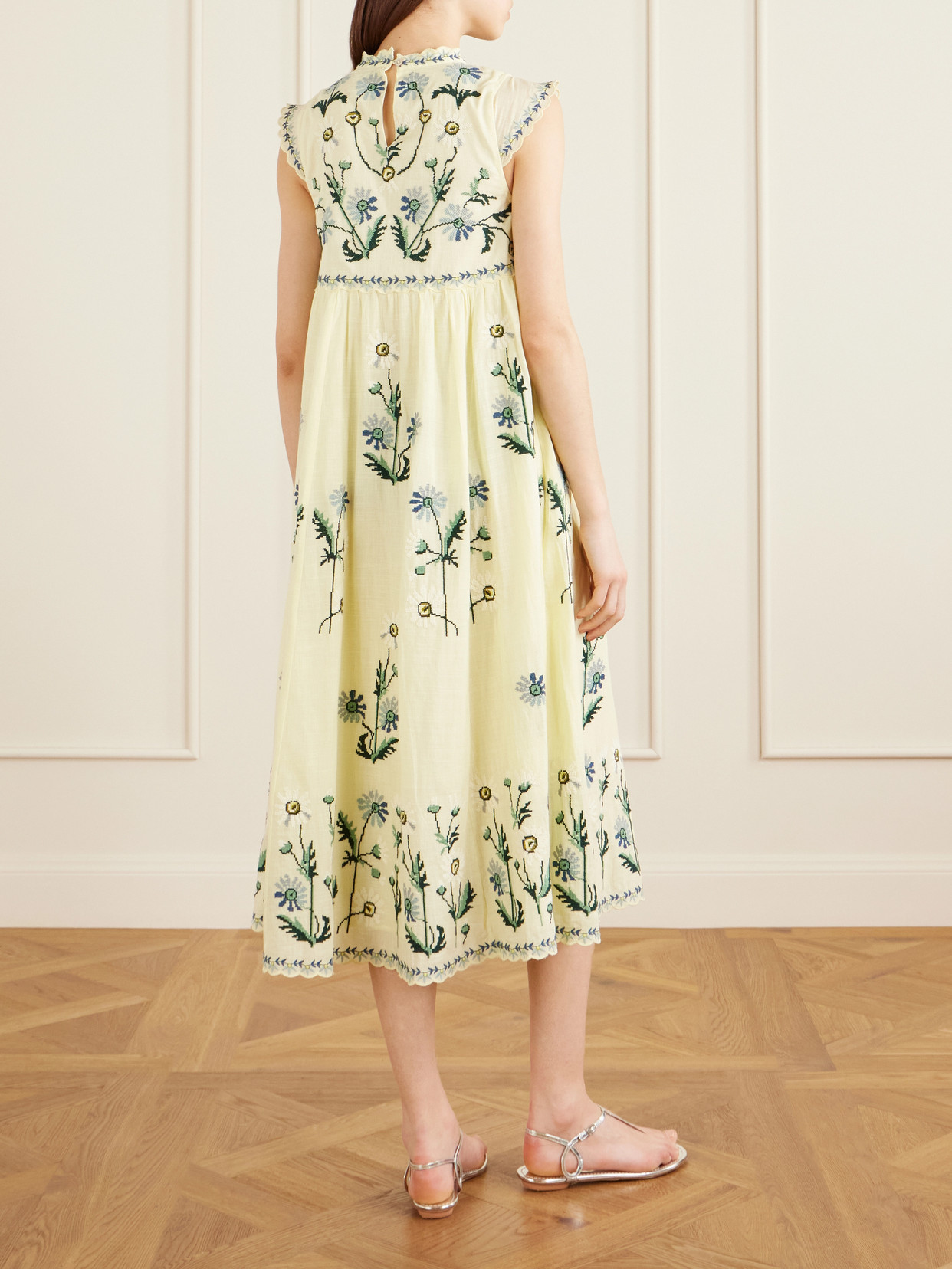 Audra Embroidery Cotton Midi Dress - Yellow