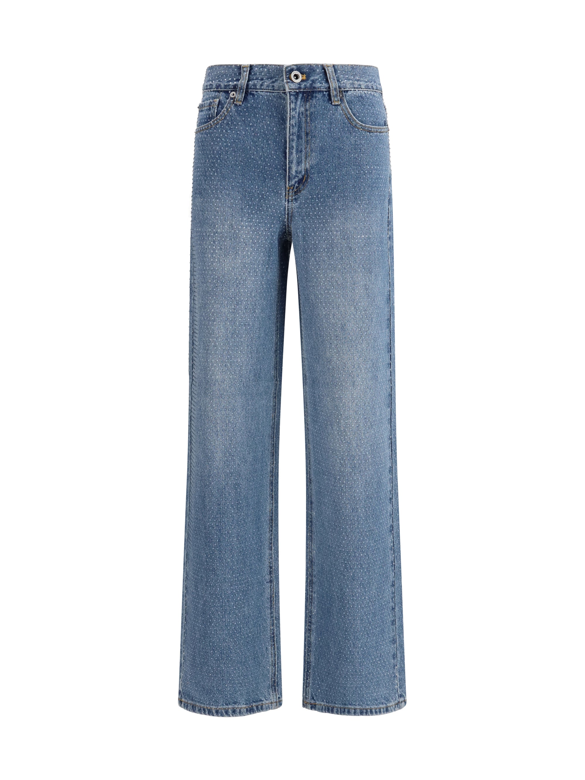 Rhinestone-Embellished Straight-Leg Jeans — Blue