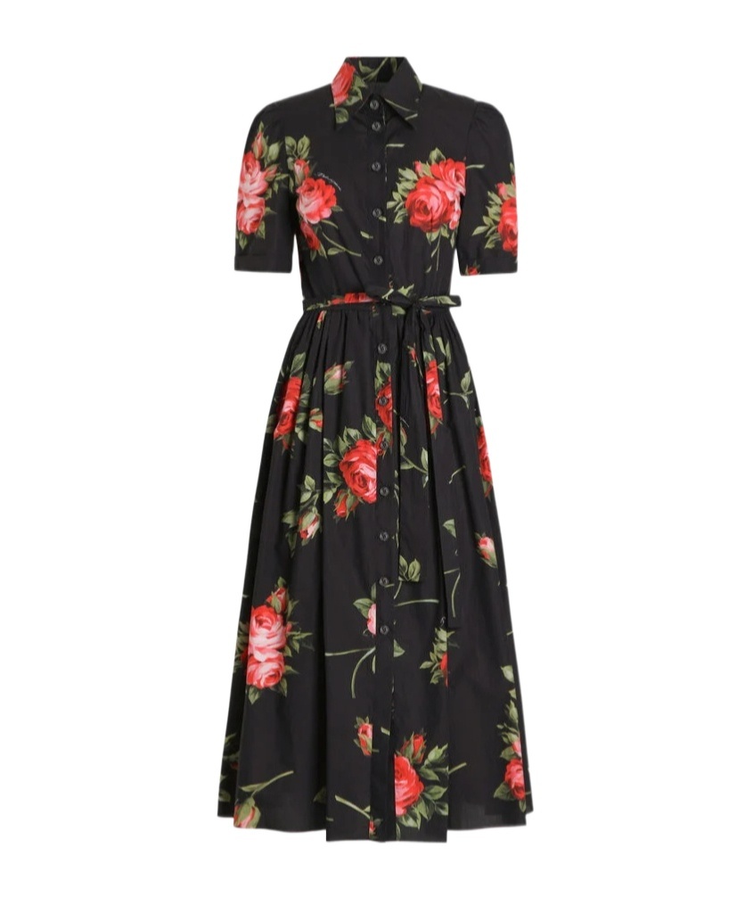 Rose Bouquet-Printed Poplin Shirt Dress