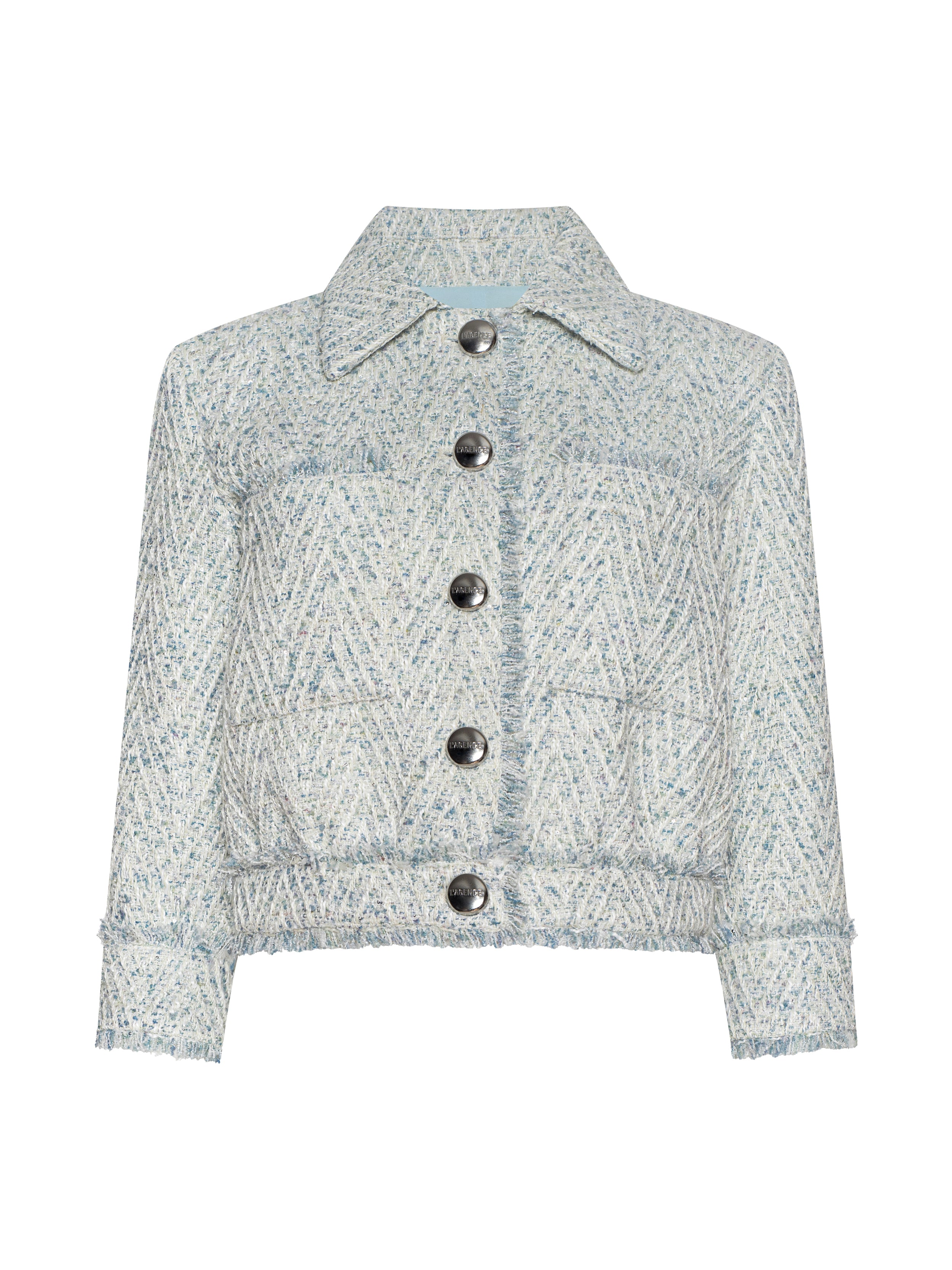 Jia Fringed Tweed Jacket In Light Blue/ivory Chevron