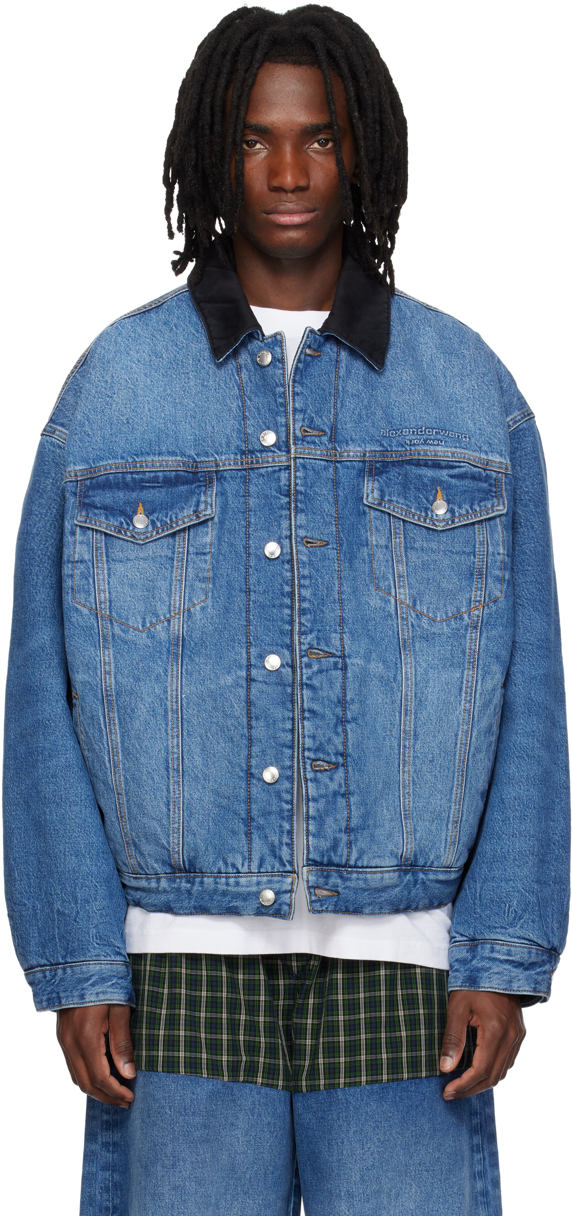 Blue Plaid Combo Reversible Trucker Denim Jacket