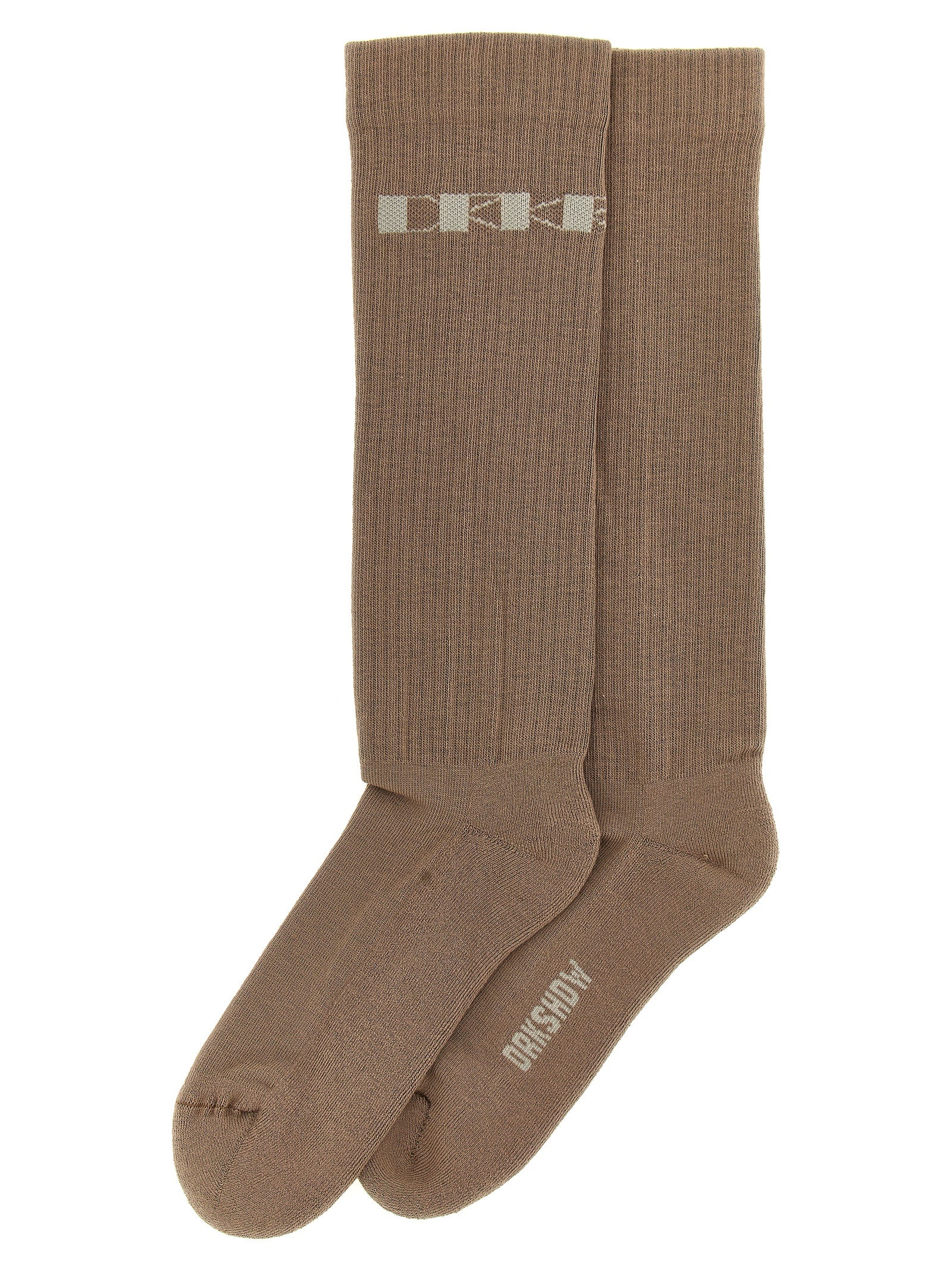 Logo Jacquard Ribbed Cotton Socks — Beige