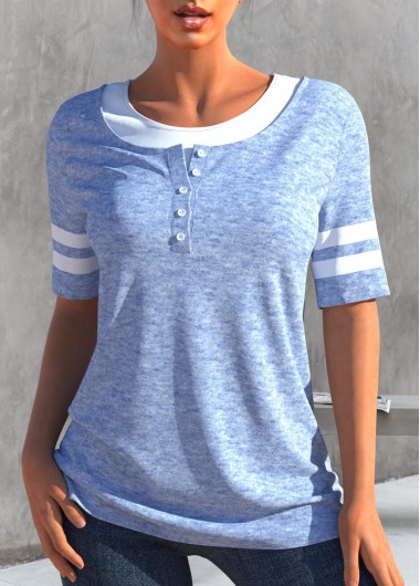 Modlily Light Blue Button Short Sleeve T Shirt