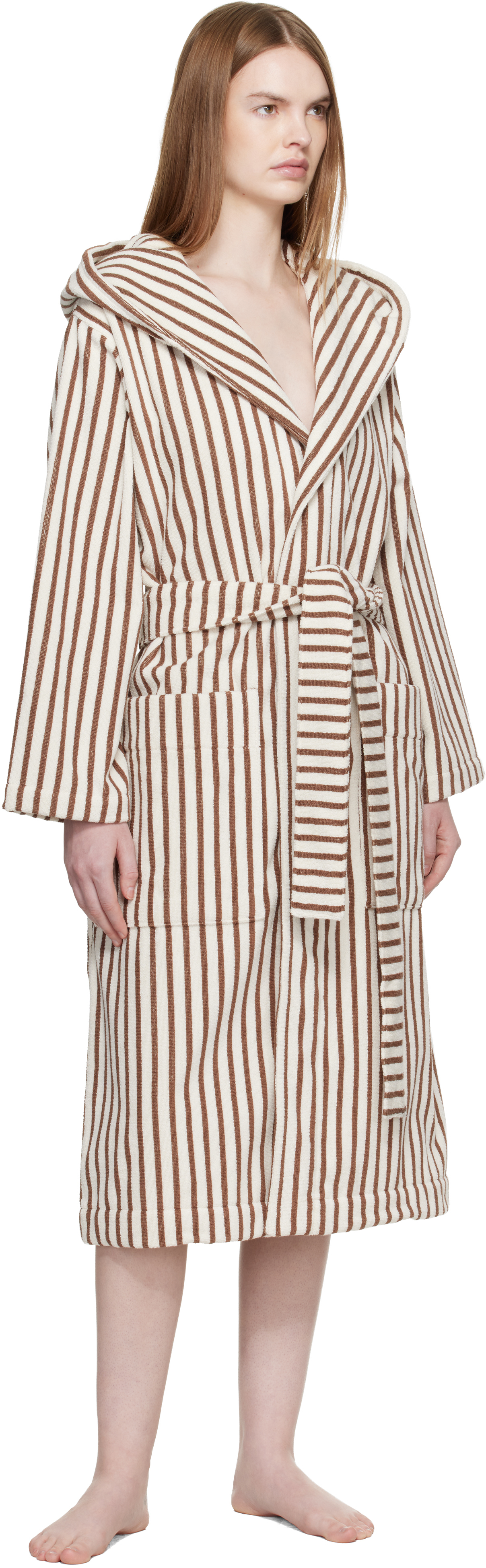 Off White & Brown Terry Hooded Bathrobe