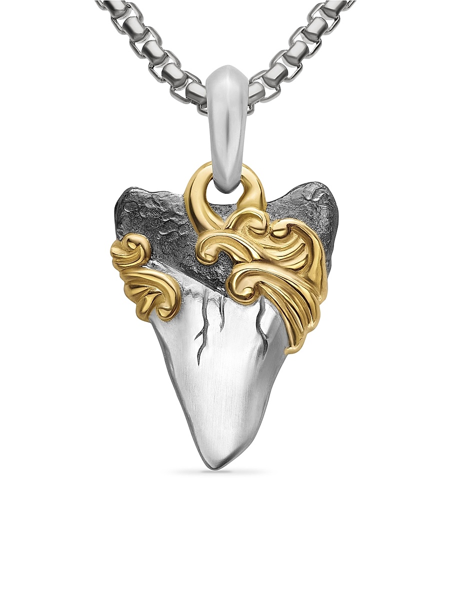 Men's Waves Shark Tooth Amulet in Sterling Silver with 18K Yellow Gold, 25MM - Silver