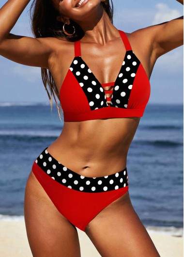 Modlily Patchwork Polka Dot Red Bikini Set