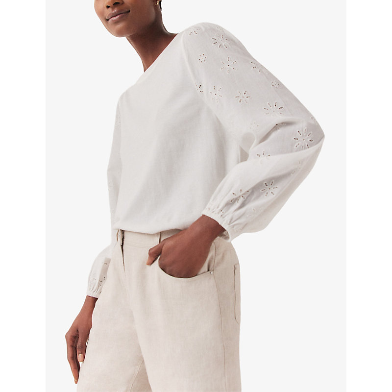 Womens White Broderie-sleeve Regular-fit Organic-cotton top