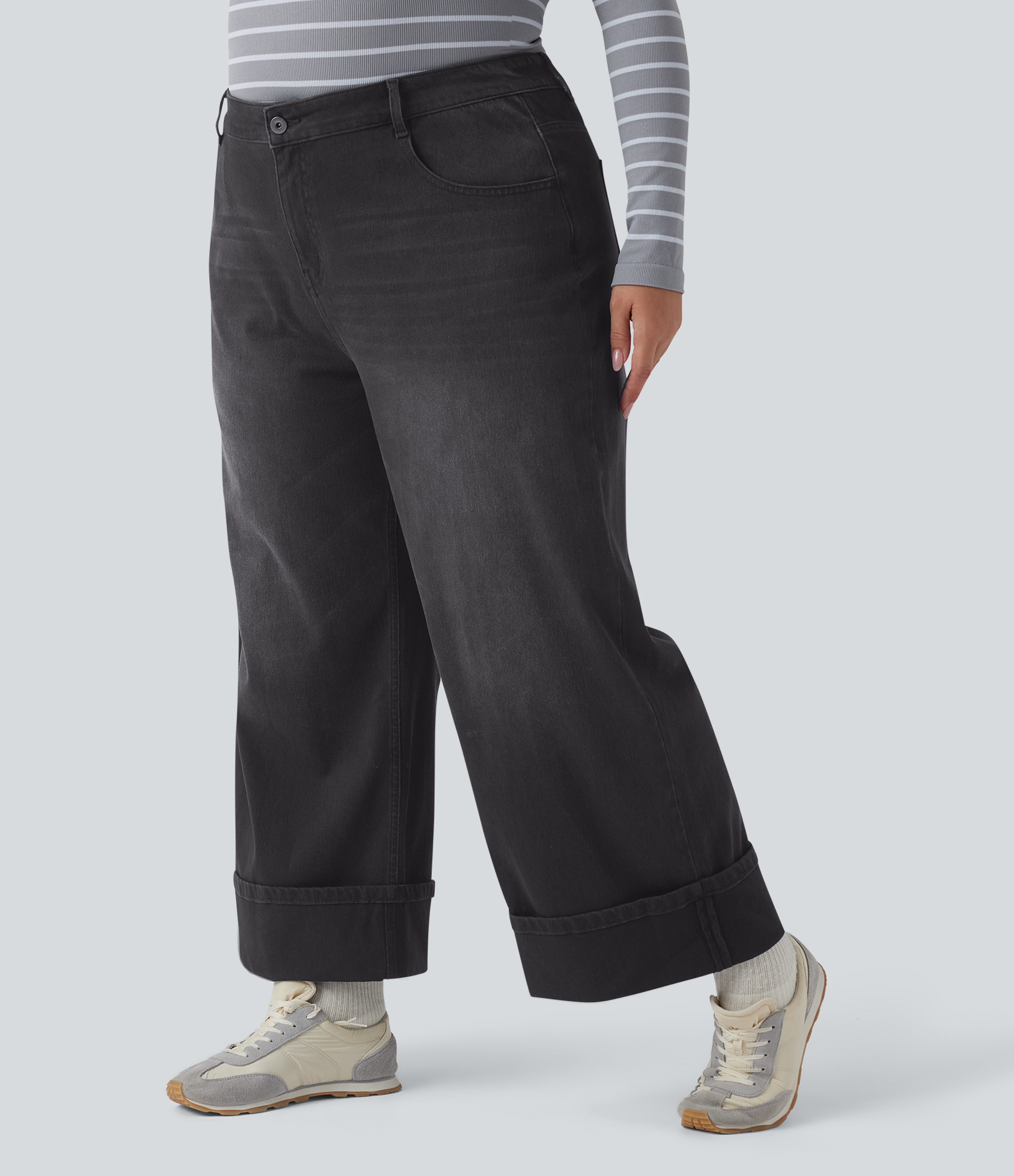 Plus Size Flex™ High Waisted Wide Leg Rolled Hem Washed Stretchy Knit Casual Jeans with Pockets  - Deep Ink Black Denim