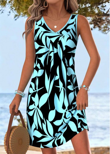 Modlily Cyan Tummy Coverage Leaf Print Short Sleeveless Dre