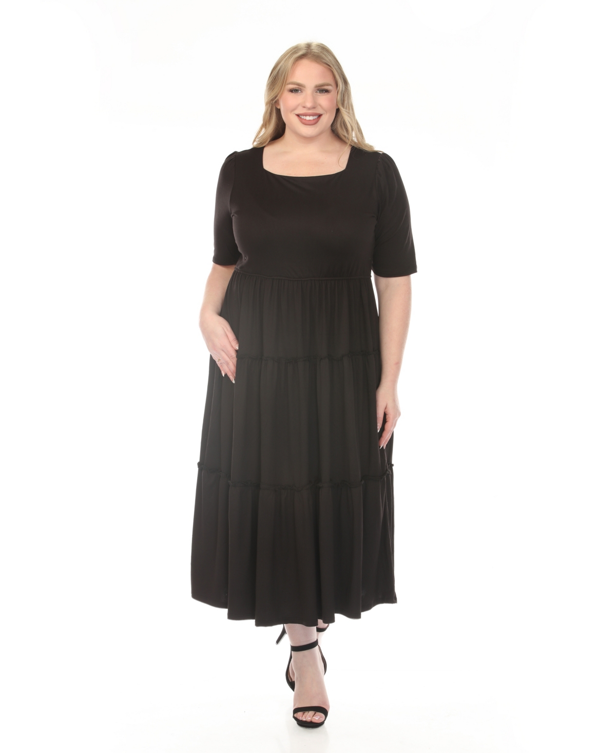Plus Size Square Neck Short Sleeve Tiered Dress - Black