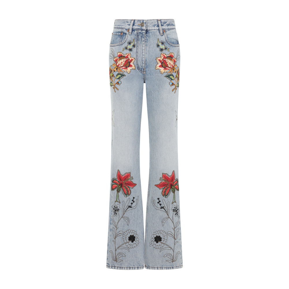 Denim 5 Pockets Embroidered Flowers Jeans