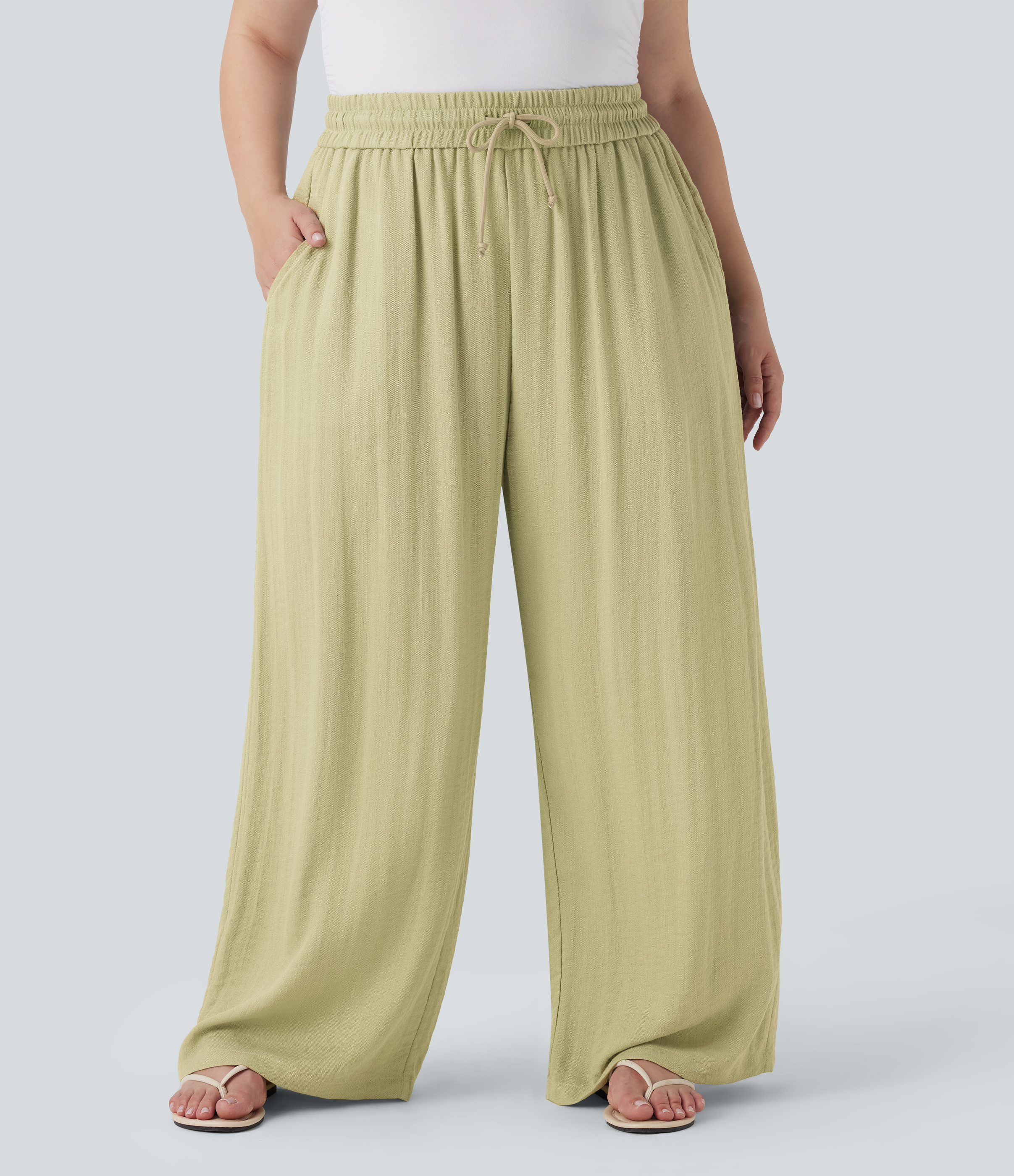 High Waisted Drawstring Linen-Feel Wide Leg Casual Plus Size Pants with Pockets  - Golden Mist