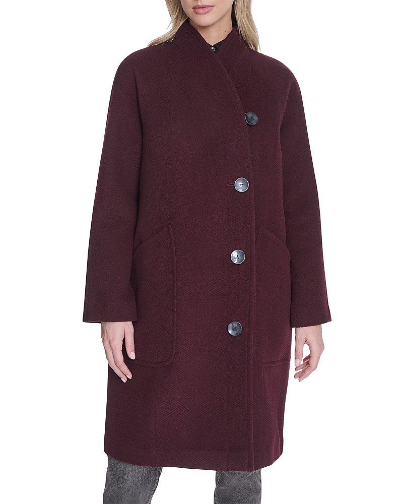 Asymmetric Closure Chevron Texture Wool Blend Coat