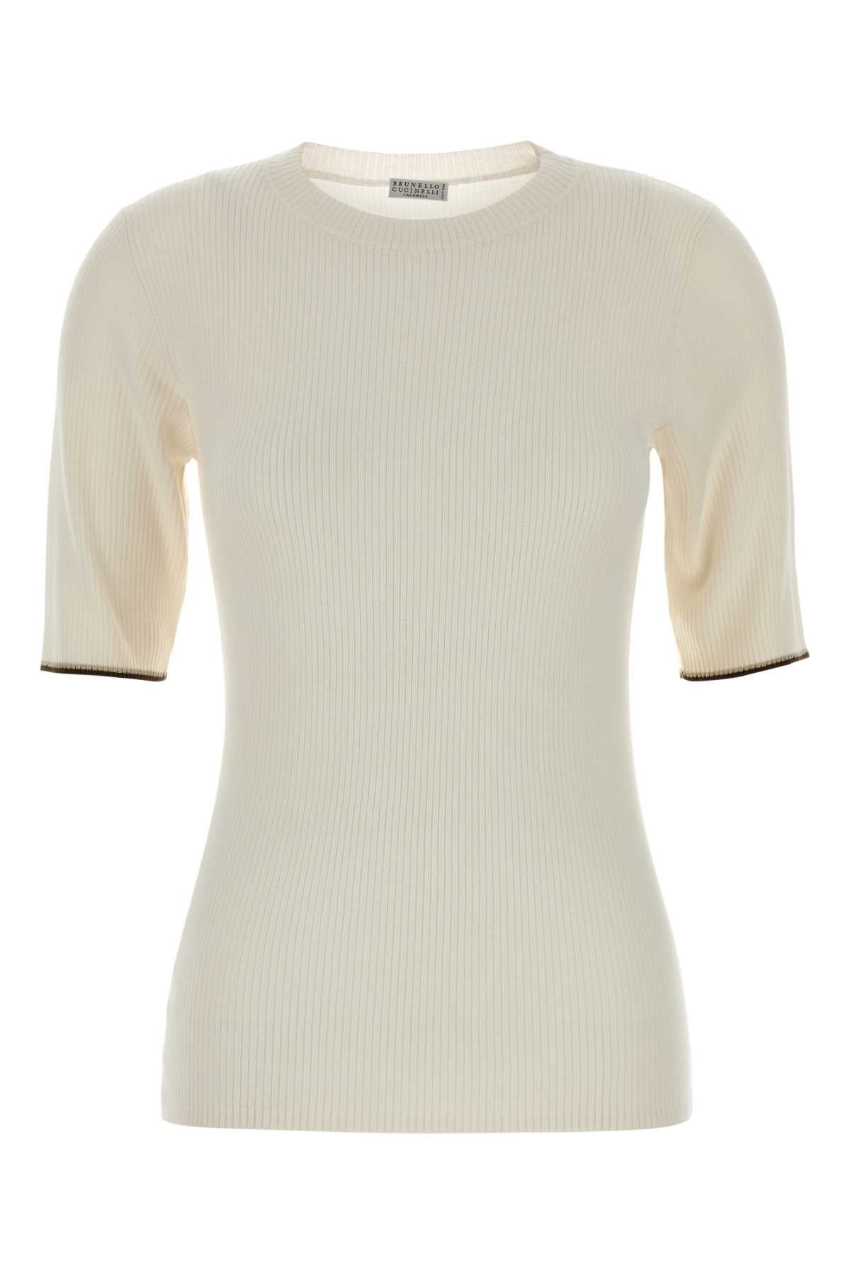 Cashmere Blend Ribbed T-Shirt — Beige
