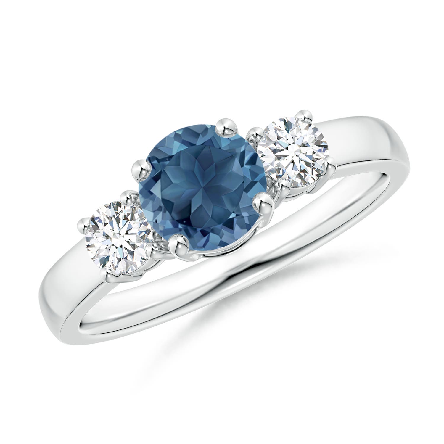 Angara 0.95 Carat Classic Round London Blue Topaz and Diamond Three Stone Engagement Ring in Platinum