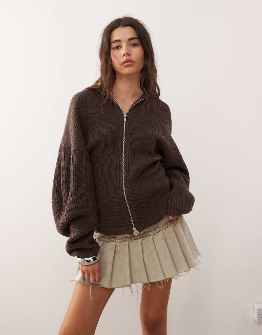 Exclusive to ASOS knitted hooded jumper double zip and cinched waist detail in chocolate brown