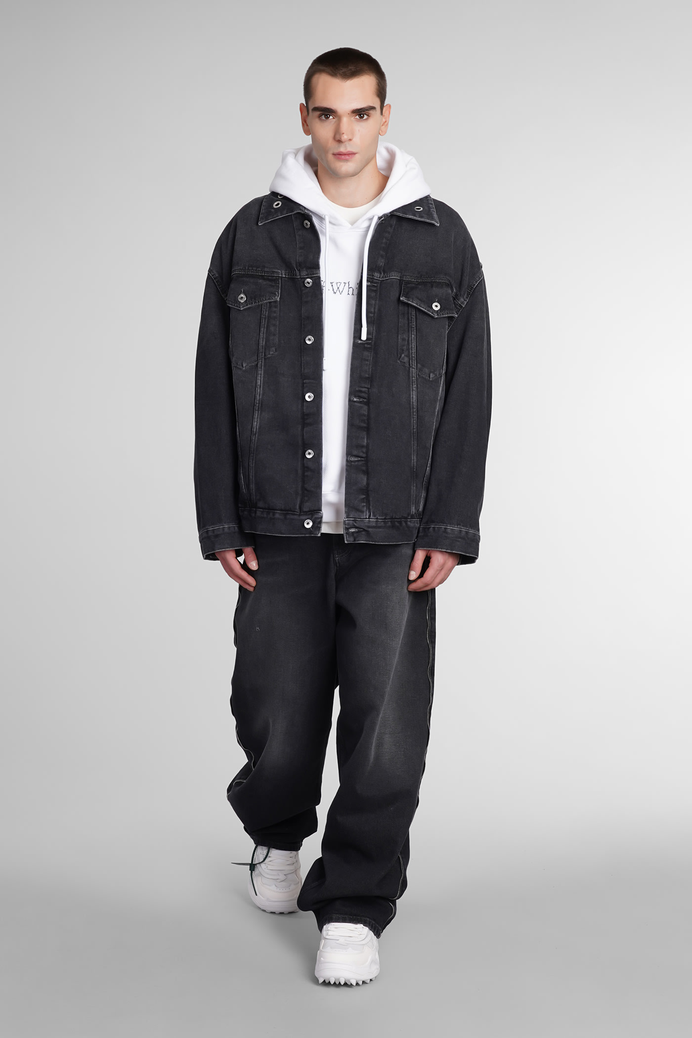 Eyelet-detail drop-shoulder denim jacket - Black