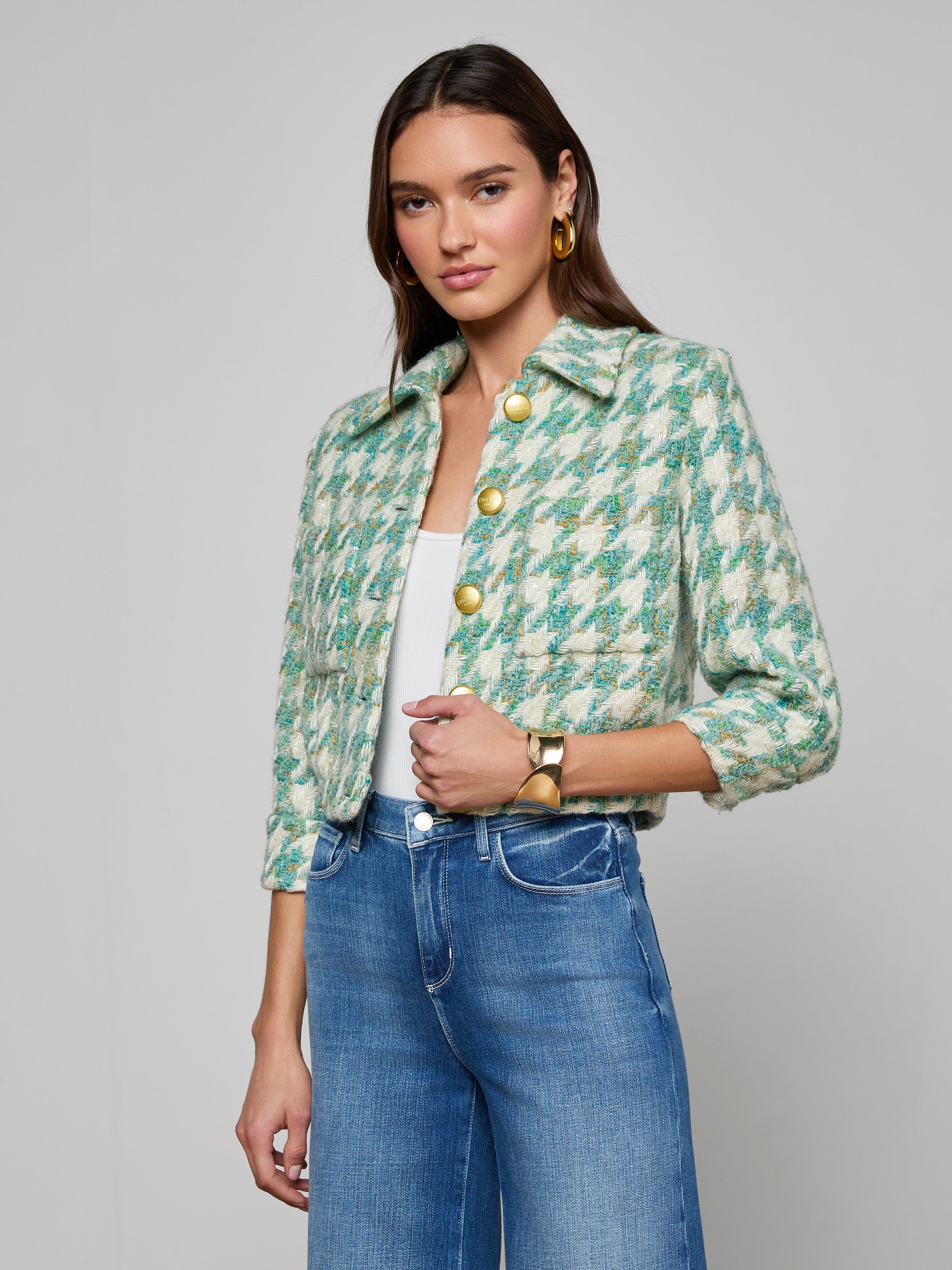 Jia Houndstooth Tweed Jacket In Dusty Jade Multi Houndstooth