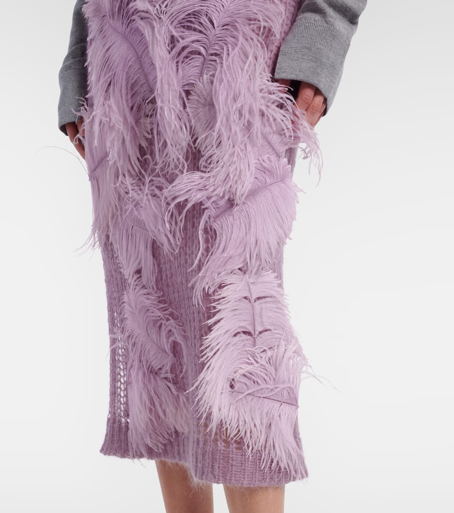 Feather-trimmed knitted midi skirt