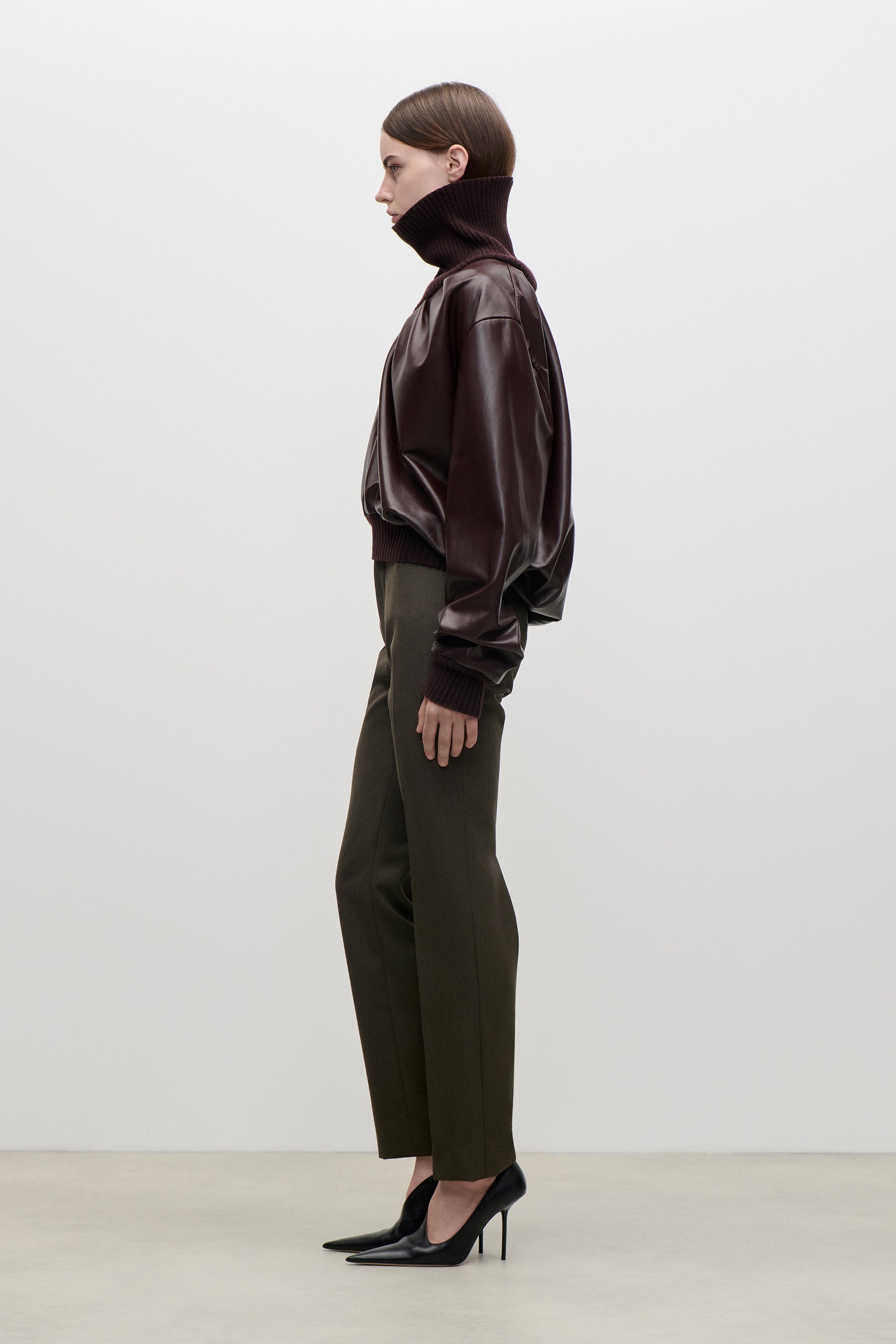 Victoria Beckham Knitted Collar Leather Top In Burgundy - L - Women