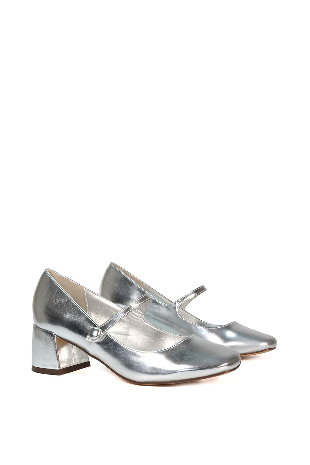 XY London Women's 'Leneka' Mary Jane Low Block Heel Court Shoes in Metallic Silver