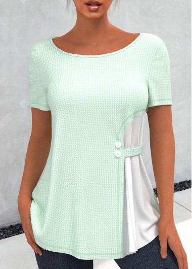 Modlily Waffle Knit Chiffon Panel Light Green T Shirt