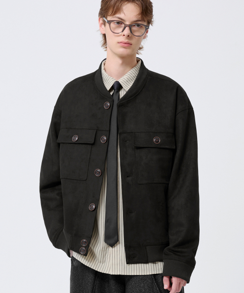 Two Pocket Button Suede Bomber Jacket_Black