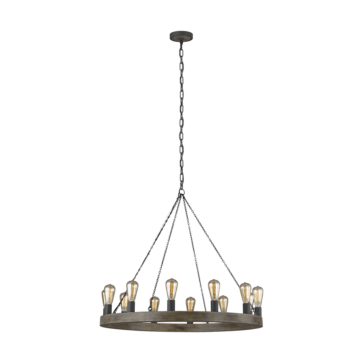 Visual Comfort Studio Avenir 12-Light Chandelier in Weathered Oak Wood And Antique Forged Iron by Sean Lavin