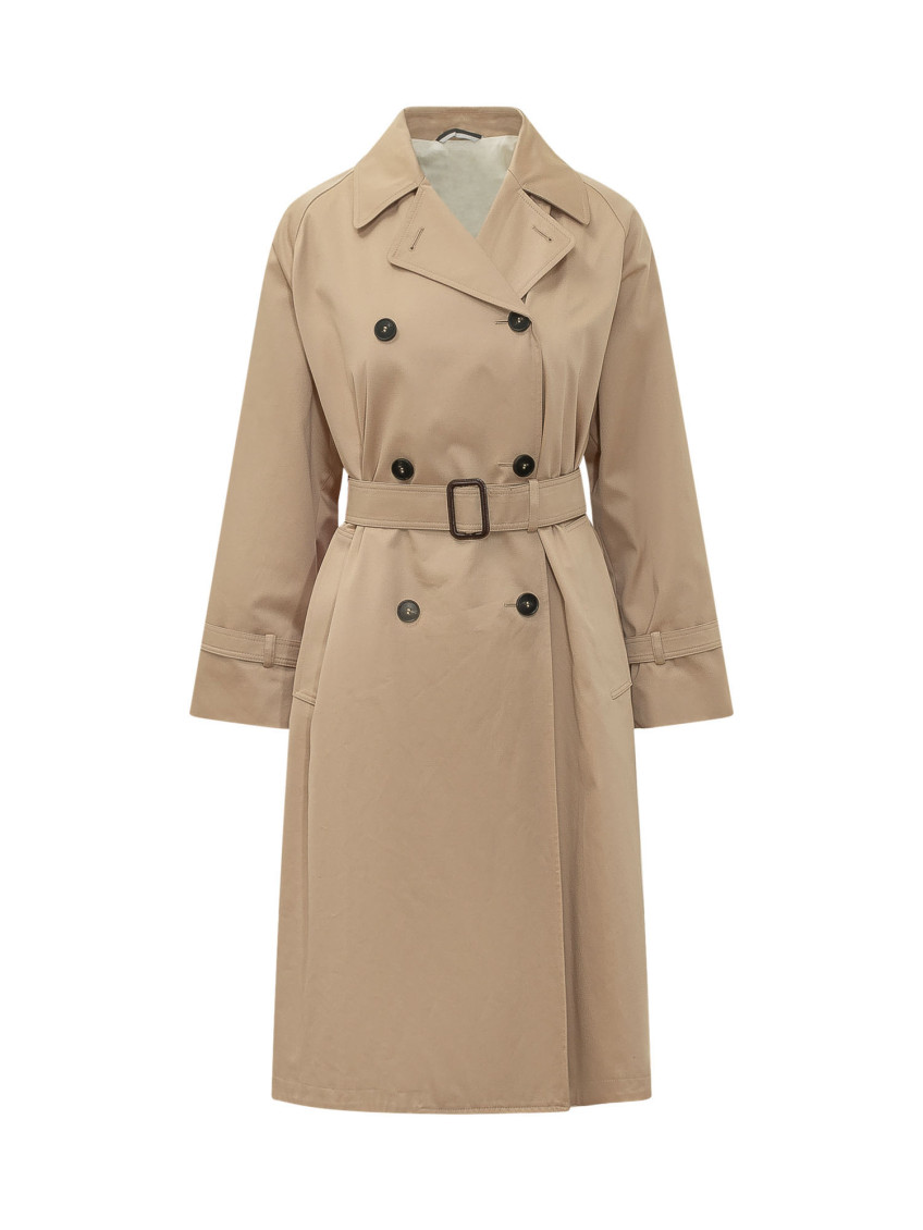 Beige Solid Notched Lapel Trench Coat