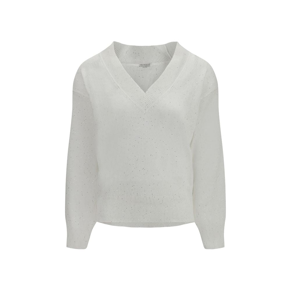 Sparkling Linen V-Neck Sweater — White